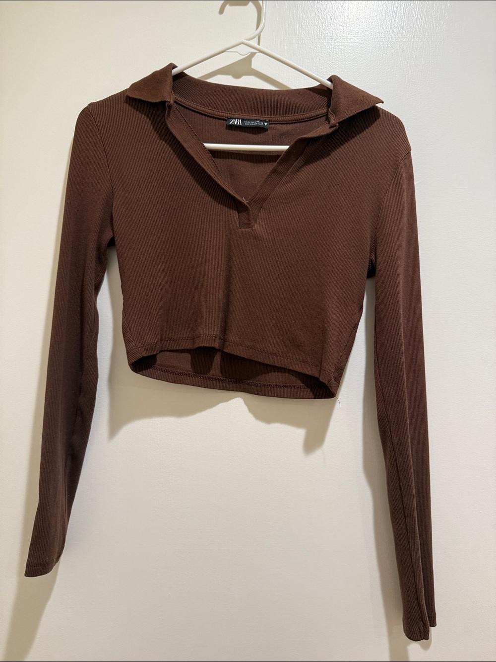 Zara Chocolate Brown Cropped Long-Sleeve Polo Top